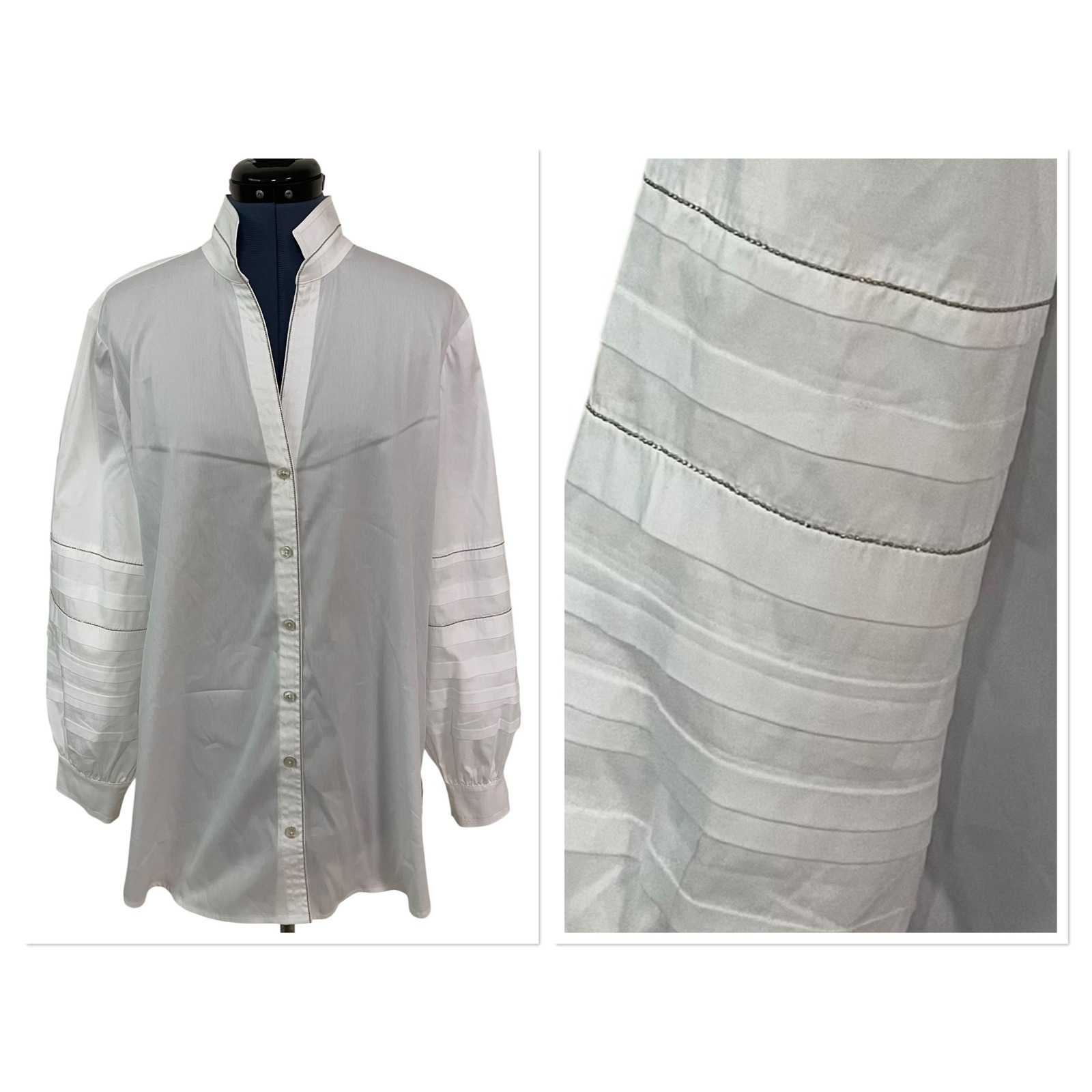 Chicos White Pleated Sleeve Button Up Tunic Blouse Metallic Trim Modern 3 Us 16